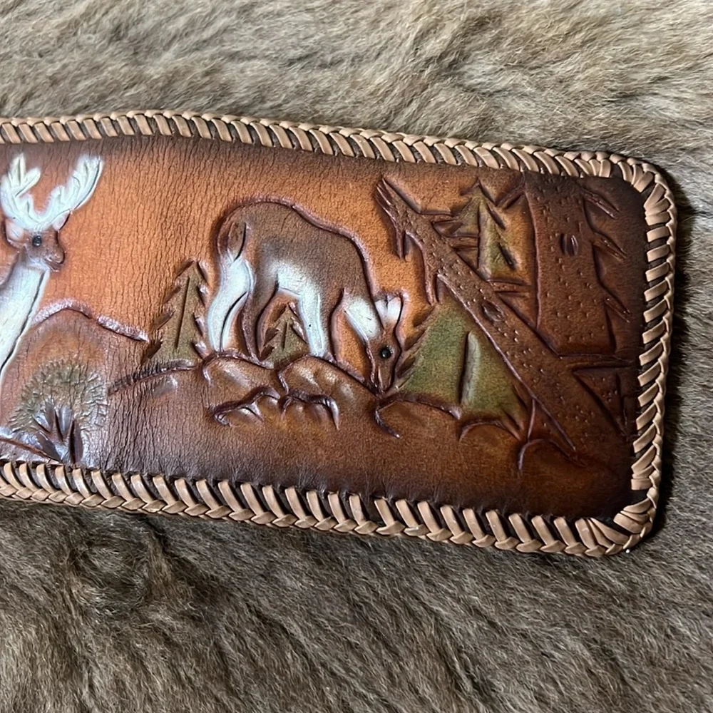 70s Deer Hide Tooled Leather Wallet Bifold Vintage